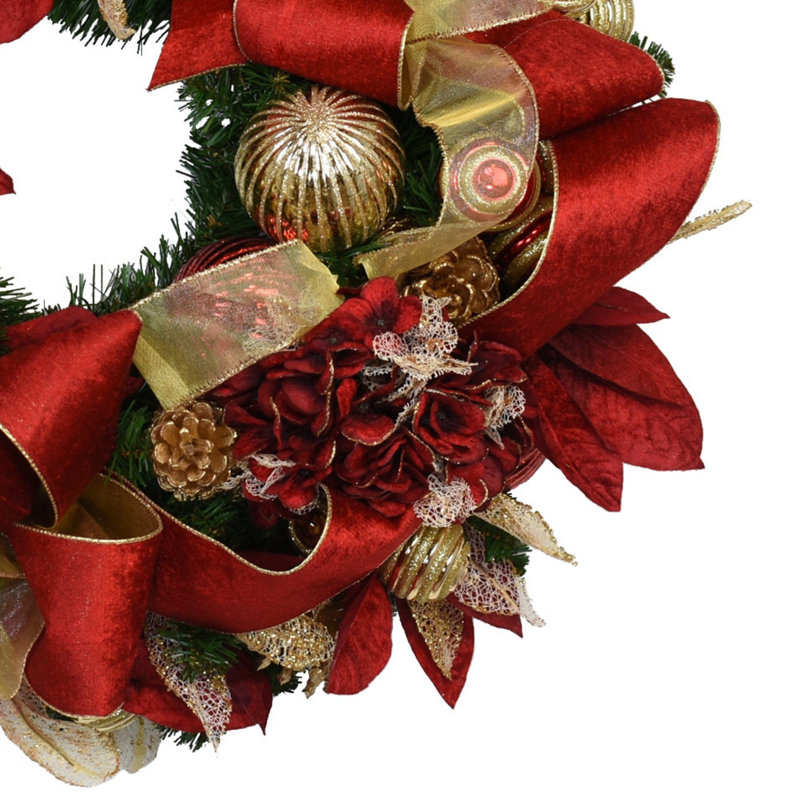 Couronne de Noël 32 po avec hortensias, pommes de pin, ornements et boucles Johnavan