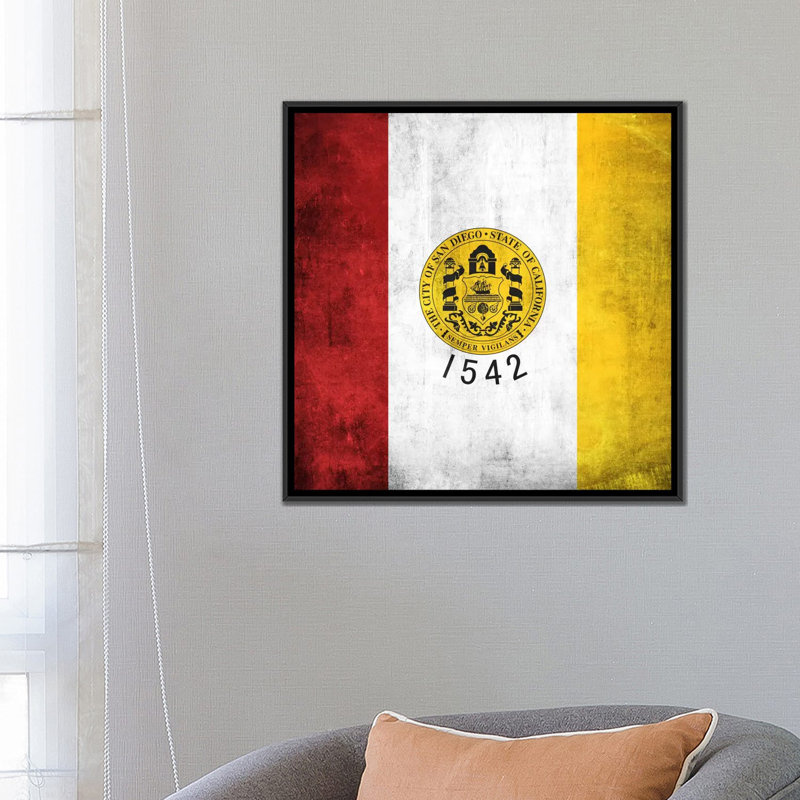 « san diego flag, grunge », impression sur toile, H 26 po x l 26 po x P 1,5 po, Toile avec cadre noir, Pas de tapis