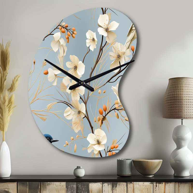 Minimaliste, oiseau bleu et blanc paradis - horloge murale asymétrique florale en métal, impression d'horloge murale de forme unique Cottage