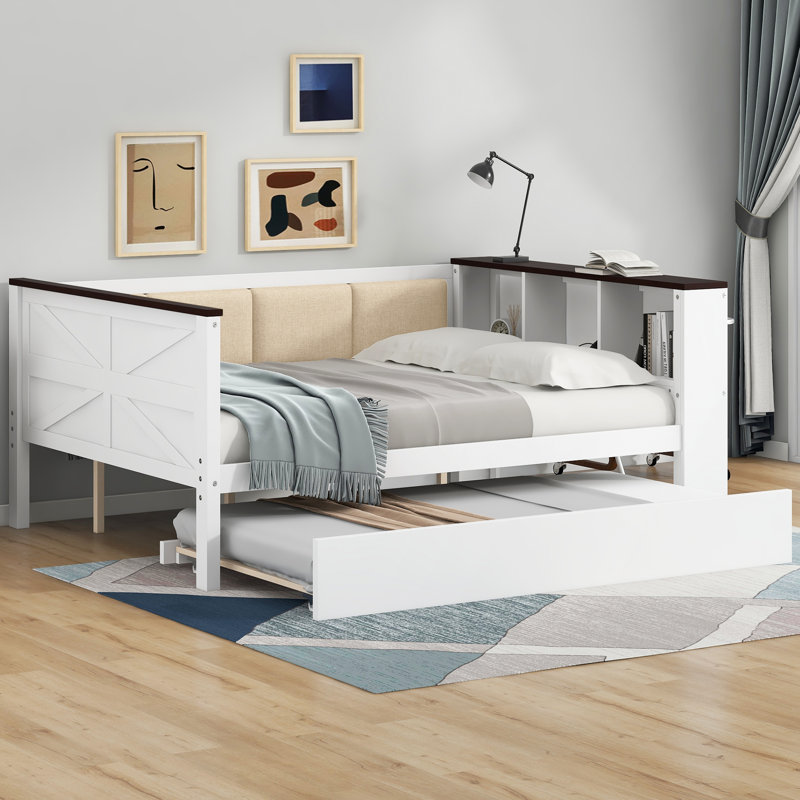 Full Size Wood Daybed with Storage Shelves, Upholstered Backrest,USB and Trundle, White, Full / Double