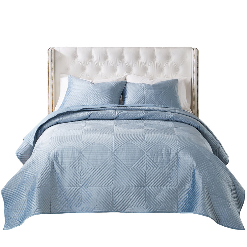 Bann Riviera Velvet Reversible Quilt Set, Twin Quilt + 1 Standard Sham, Spa Blue Geometric Shapes