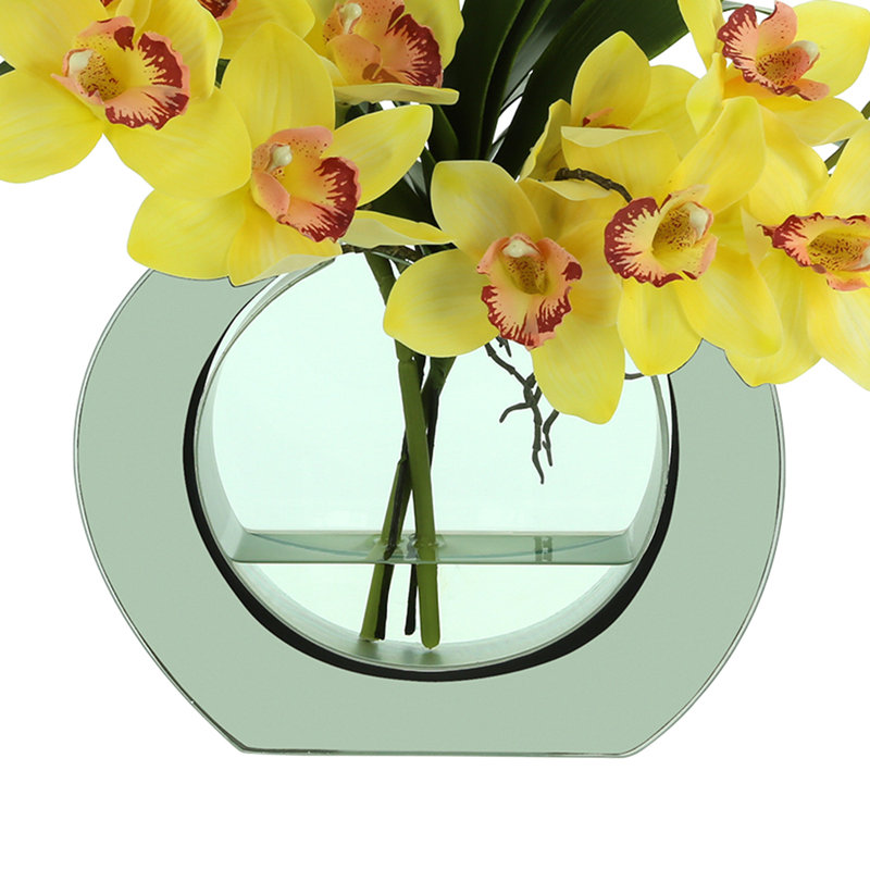 Modern Orchid Arrangement in Mirrored Glass Vase, Yellow