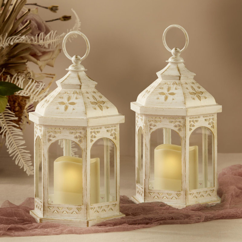 Washed Hexagon LED Lantern (Set of 2), Blanc