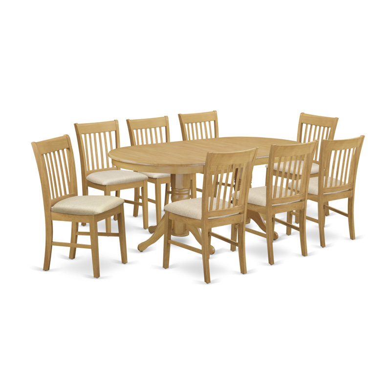 9 Piece Dining Set Includes an Oval Dining Table with Butterfly Leaf and 8 Linen Fabric Kitchen Room Chairs, Oak
