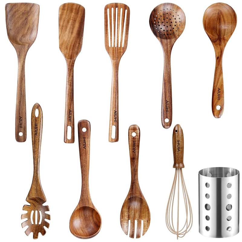 Ensemble de 10 ustensiles de cuisine, ensemble d'ustensiles de cuisine en bois, résistant à la chaleur antiadhésif, respectueux de l'environnement