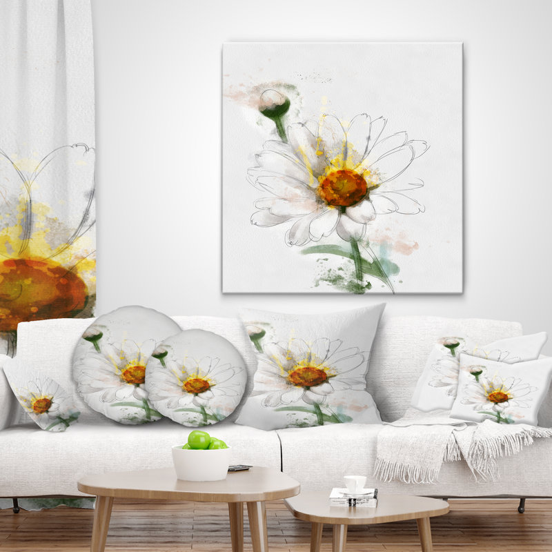 Aquarelle de camomille dessinés à la main - coussin décoratif imprimé floral, 16 po x 16 po, Carré