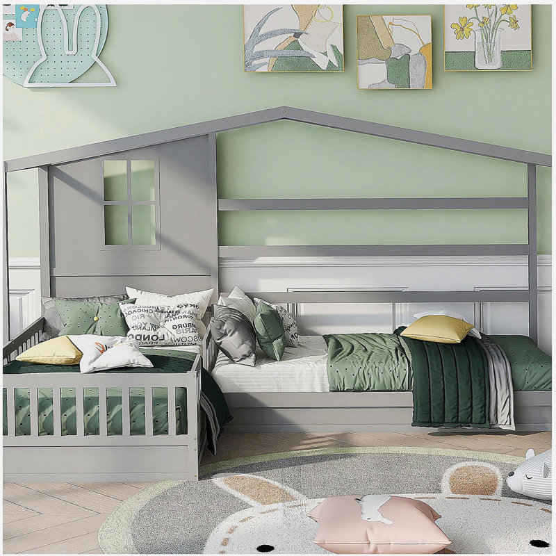 Lit double en bois, structure en L avec 2 barrières de sécurité et structure de lit en maille, blanc, Blanc