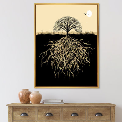 Silhouette d'arbre avec racines - art mural paysages