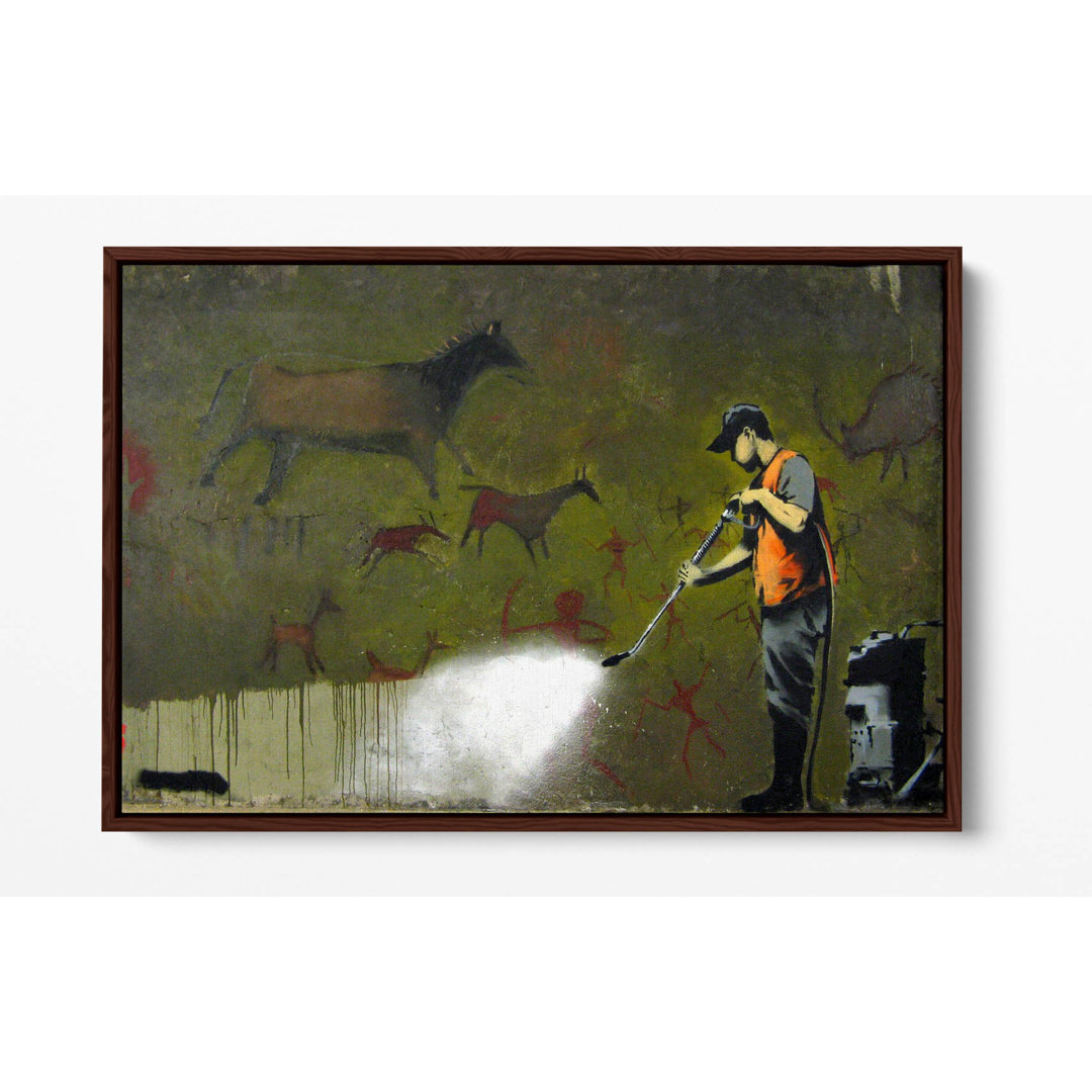 Banksy Cave Art Graffiti Removal Canvas Floater Frame Print Picture Art - Walnut Frame