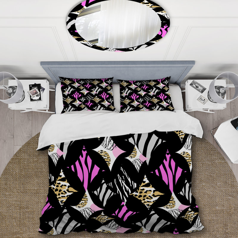 Ensemble de housse de couette en microfibre noir / rose 3 pièces, Housse de couette double + 2 taies décoratives st