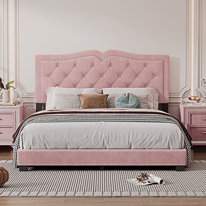 Upholstered Bed Frame With Rivet Design, Beige, Queen