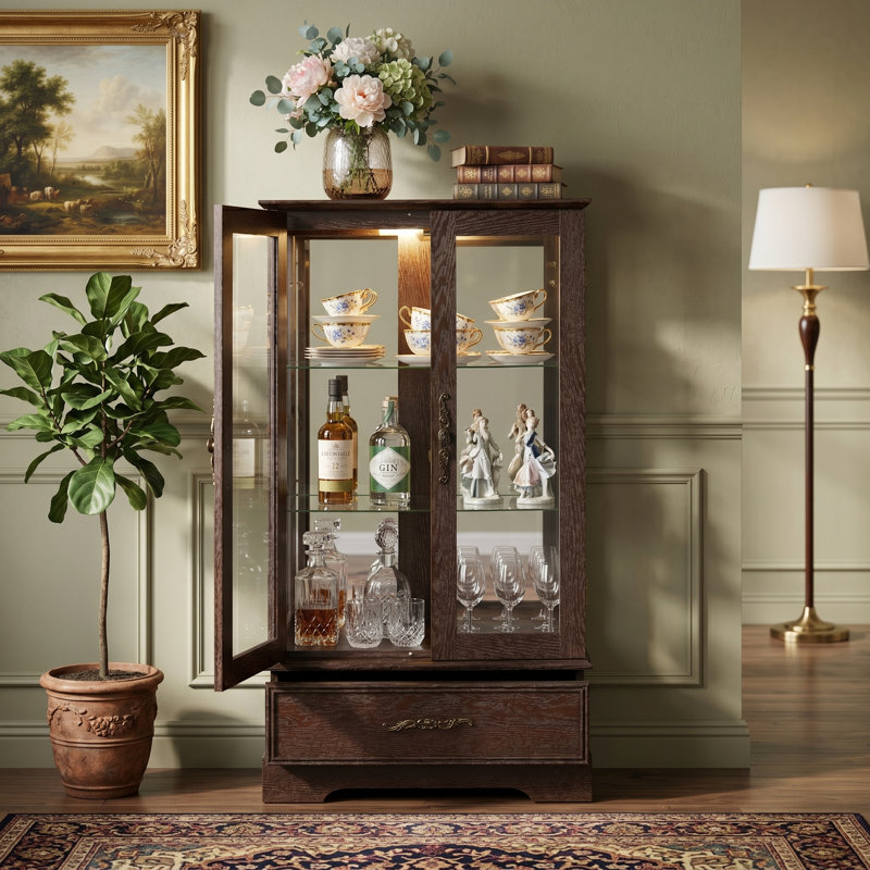 Lighted 2-Door Glass Curio Display Cabinet With Adjustable Shelves, Built-In Drawer, And Included Light Bulb, Cherry