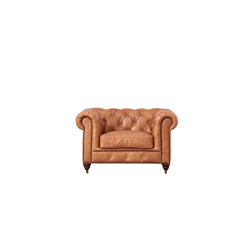 Fauteuil Chesterfield Peppie, Cuir véritable brun châtain