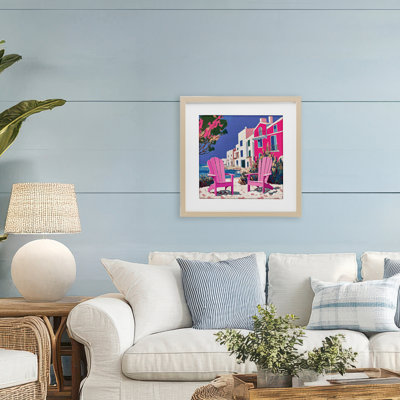 Beach Chair Meetup en rose, reproduction encadrée sous verre, design par Annabelle Hall