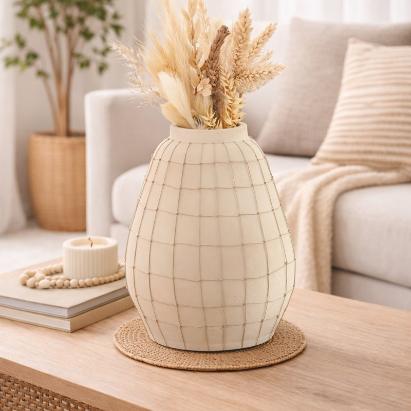 Vase | Vase en terre cuite fait à la main avec cadre métallique | Décoration de 15,5 po de long pour la décoration intérieure