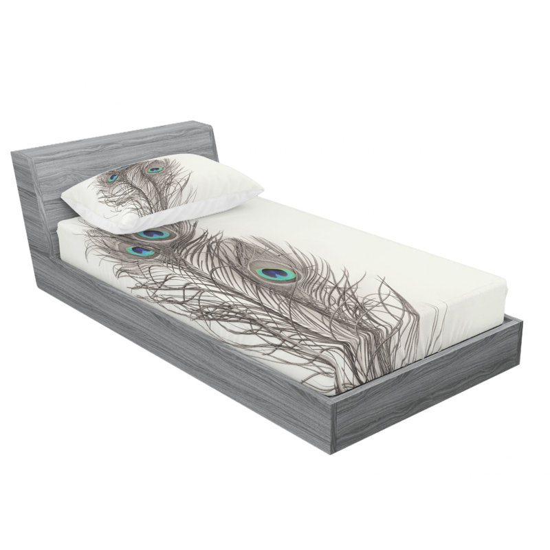 White and Taupe Microfiber Twin XL Peacock Print Sheet Set