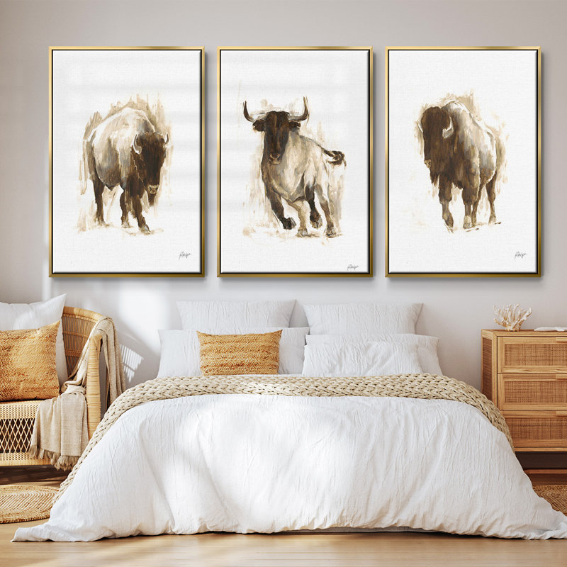 Rustic Bison I, ensemble de 3 toiles encadrées sur toile, Or, H 40 po x l 78 po