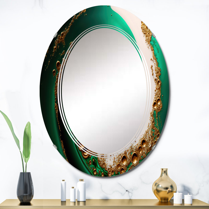 Green And Gold Crashing Waves I - Modern Spiral Wall Mirror, 36" x 24"