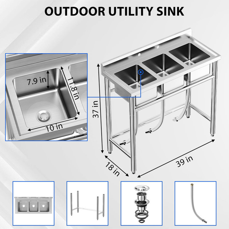 Évier utilitaire à 3 compartiments en acier inoxydable, lavabo commercial autoportant certifié NSF pour le garage et le restaurant