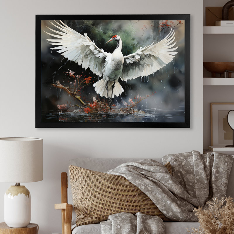 «China Art Redcrowed Crane III», reproduction, H 12 po x l 20 po x P 1 po, Cadre photo blanc