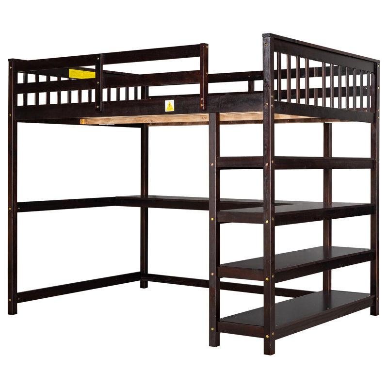 Lit mezzanine avec tablettes de rangement et bureau sous le lit, Double, Espresso