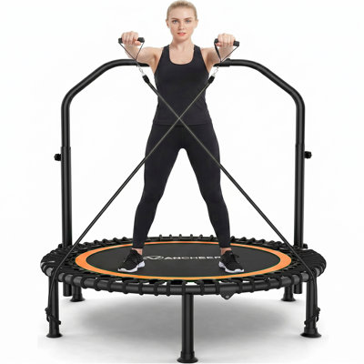 Mini-trampoline pliable 48 po, charge intérieure maximale de 550 lb, trampoline d'intérieur à 4 niveaux avec poignées en mousse réglables et bandes de résistance, trampoline d'exercice pour adultes pour la maison, le jardin et le gymnase