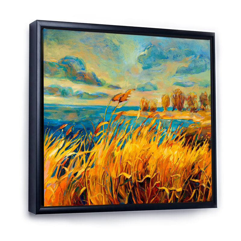 «Vibrant Sunset over Lake», peinture sur toile, H 16 po x l 16 po x P 1 po, Cadre flottant noir