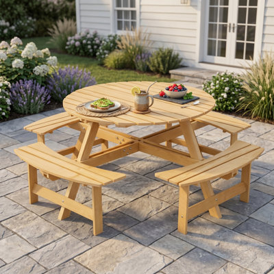 Table de pique-nique ronde 43,5 po en bois pour 8 personnes avec 4 bancs intégrés, naturel