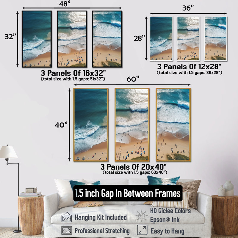 Bleu plage vue aérienne majestueux I - plage et océan, art mural, Cadre flottant blanc, H 28 po x l 36 po x P 1 po