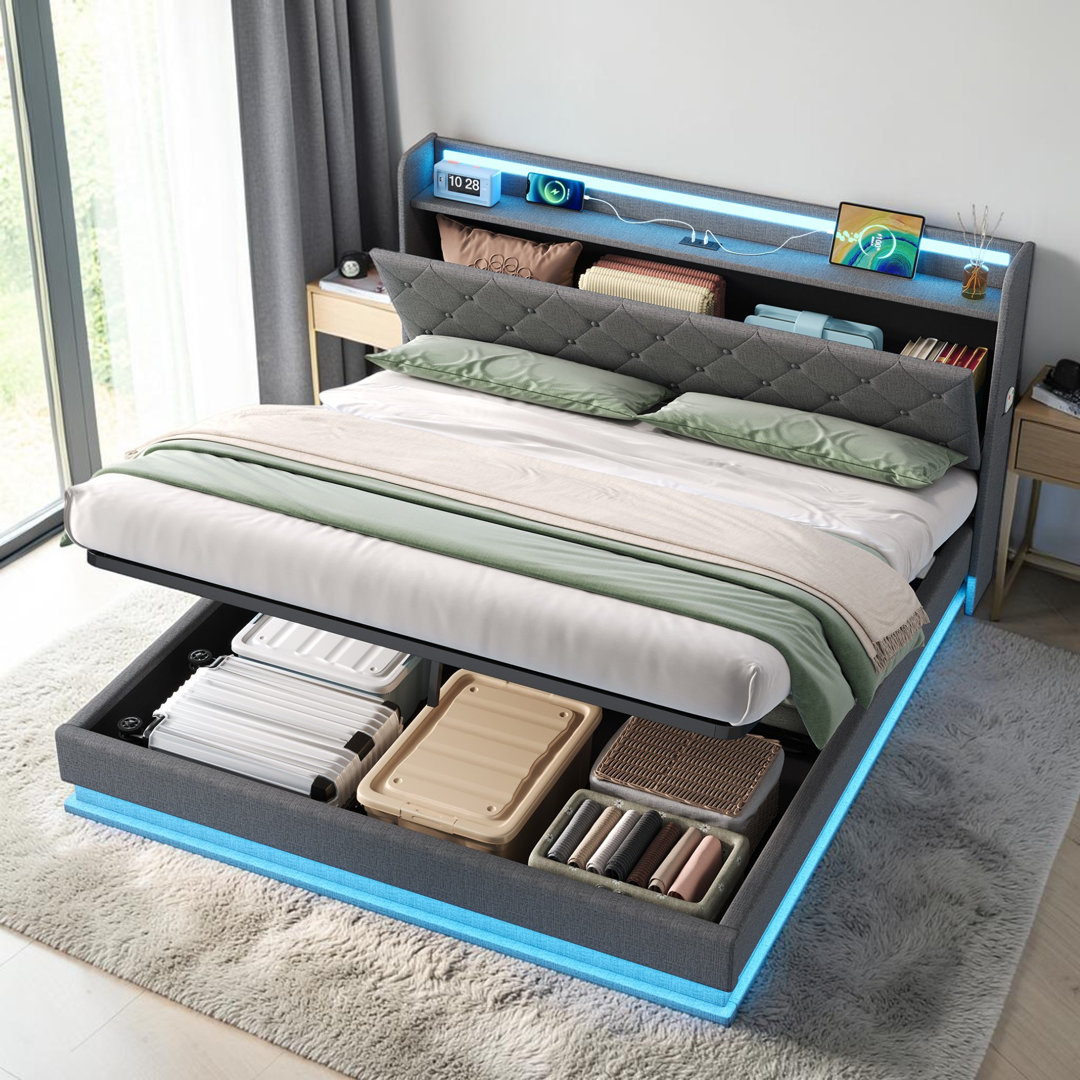 Grey Linen Upholstered Bed Frame with Hydraulic Storage, LED Button Tufted Headboard with Charging Station and Concealed Headboard Storage, USB and Ty