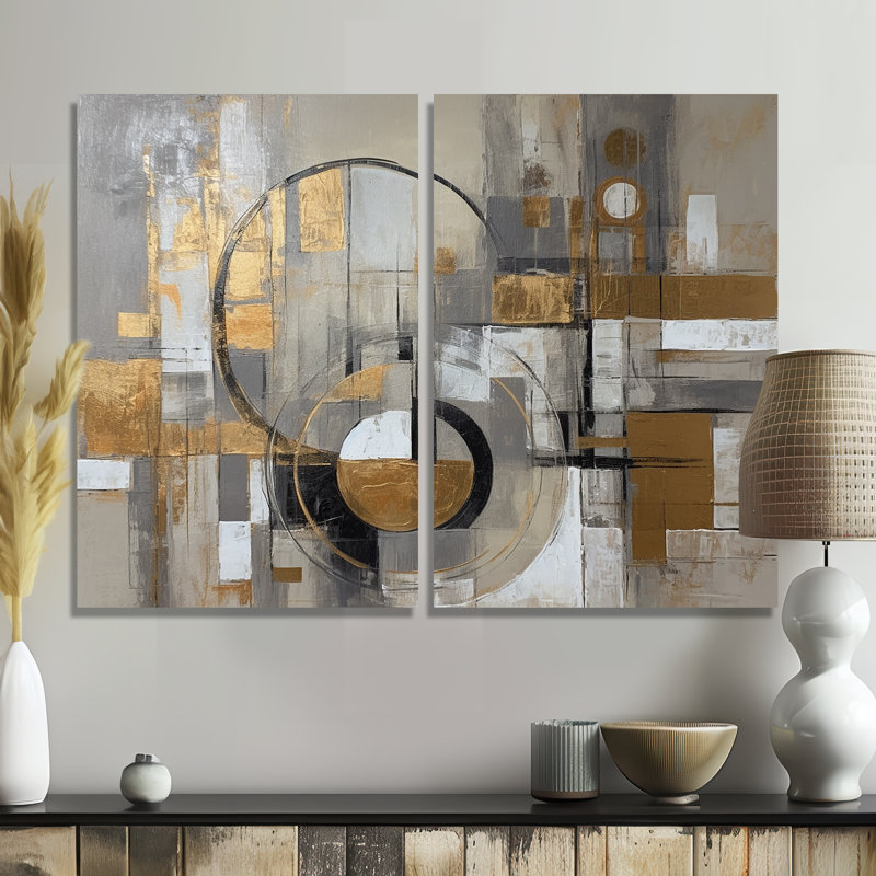 Or et gris, simplicité radicale I - art mural abstrait surdimensionné de style Mid-Century, 36" H x 48" W, Wrapped Canvas