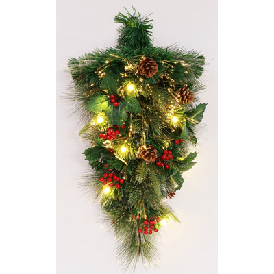 Couronne de Noël à fibre optique de Noël Holiday Favors décorée de pommes de pin et de barries rouges (24 po, bouquet / à brancher)