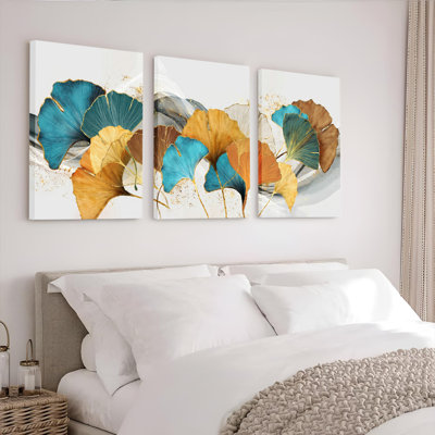 Ensemble de 3 tableaux sur toile à motifs de feuilles de ginkgo, pour la décoration du salon et de la chambre.