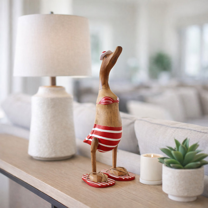 Decorative Wooden Bikini Duck Figurine Sculpture - Whimsical Home Decor Accet For Office Accessory Or Living Room Decoration - Brown & Red