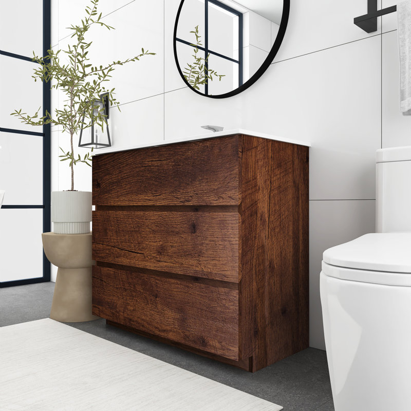 36 po Meuble-lavabo autoportant avec lavabo en céramique intégré, Brun