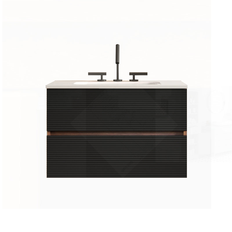Meuble-lavabo mural noir et noyer doux avec lavabo en céramique intégré, trop-plein et grand rangement pour les salles de bain modernes.