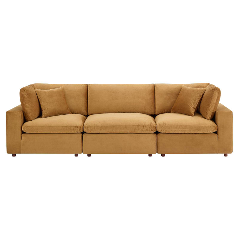 Modway Commix Down Filled Overstuffed Performance Velvet 3-Seater Sofa, Cognac