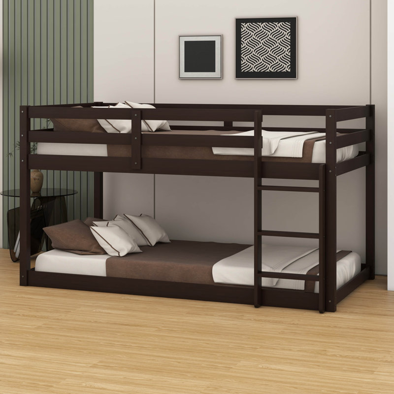 Twin Over Twin Solid Rubber Wooden Floor Bunk Bed – Ladder & Strengthened Slat Bed Platform, Espresso