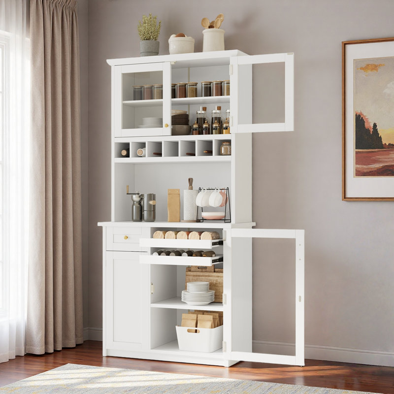 Armoire de cuisine autoportante avec tiroir, support à vin, tablettes réglables et, Blanc