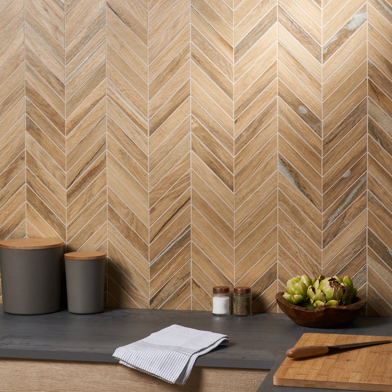 Carreau de mur et plancher en porcelaine à chevrons 10 "x 20" Everlast, Marron clair