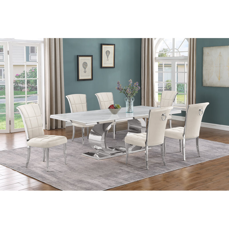 Kimako Marble Top Pedestal Dining Set, Cream/Silver, 7, Silver