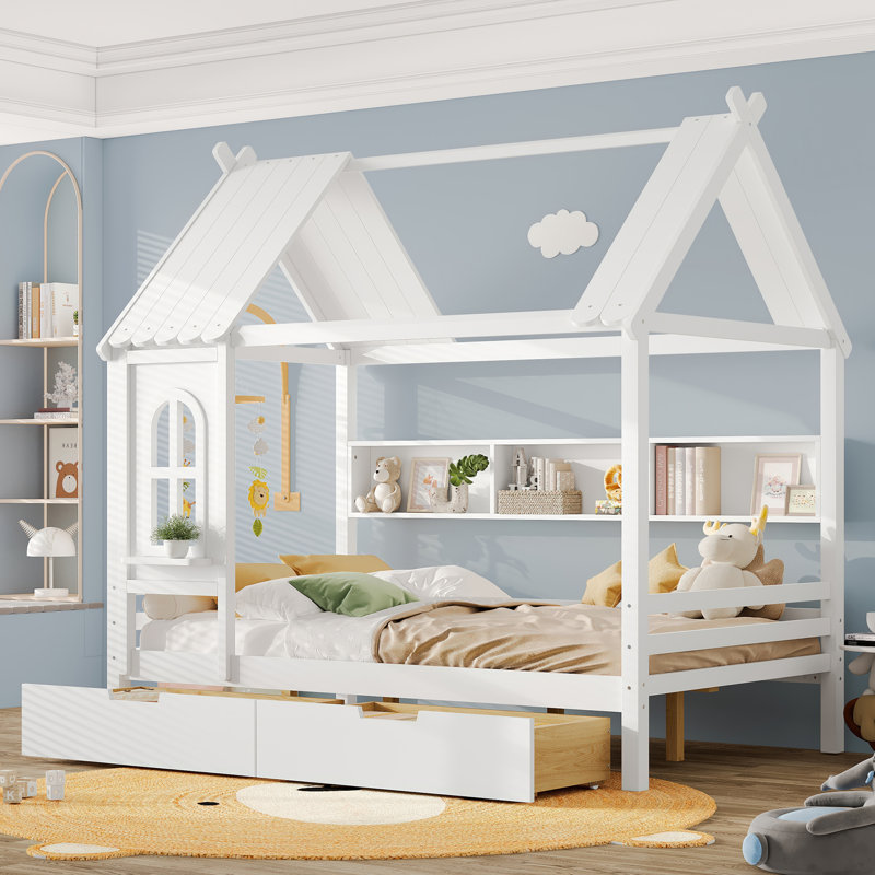 Structure de lit plateforme en bois massif avec tablettes, Blanc clair, Double