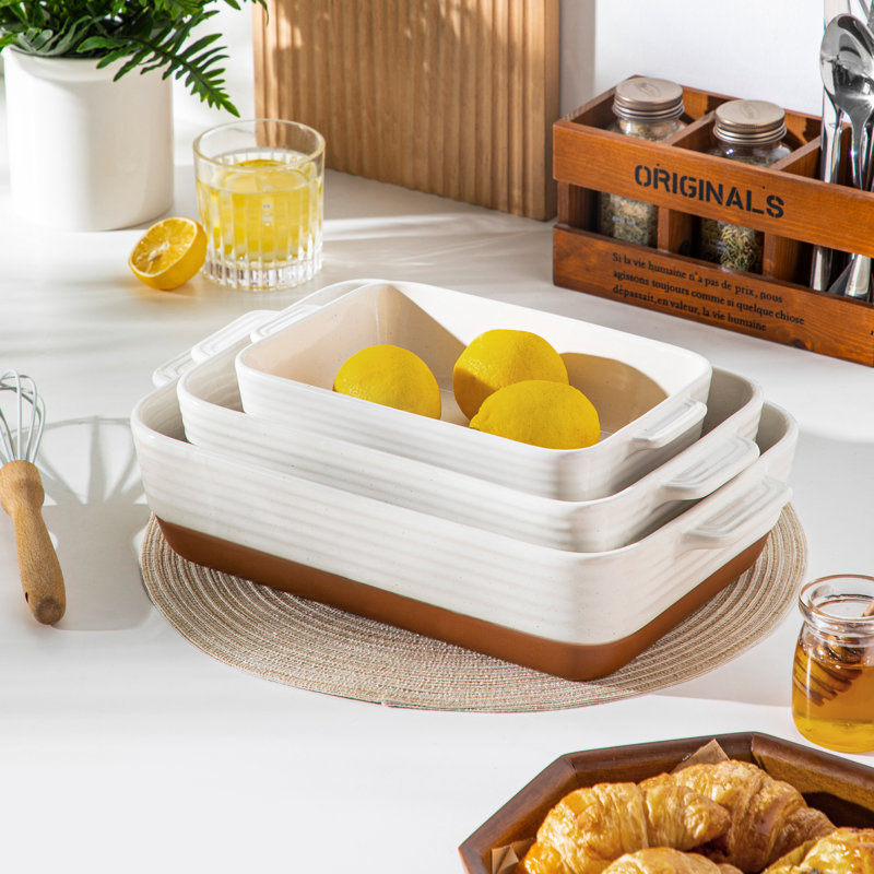 MALACASA Rectangle Stoneware 3 Piece Au Gratin Dish Bakeware Set