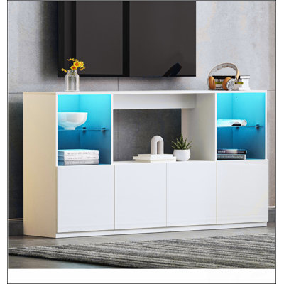 High Gloss TV Stand with LED Lights, Modern Sideboard with Large Storage Cabinet, Media Console with Tempered Glass Shelves for TVs up to 75"", Living -  Ivy Bronx, E3E0F01C330143D1B0B1157B59C515EB