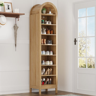 Armoire à chaussures haute, armoire à chaussures arquée de 70 po avec tablettes réglables, range-chaussures étroit en bois pouvant accueillir 8 à 18 paires, étagère à chaussures haute pour le salon, le couloir et le petit espace