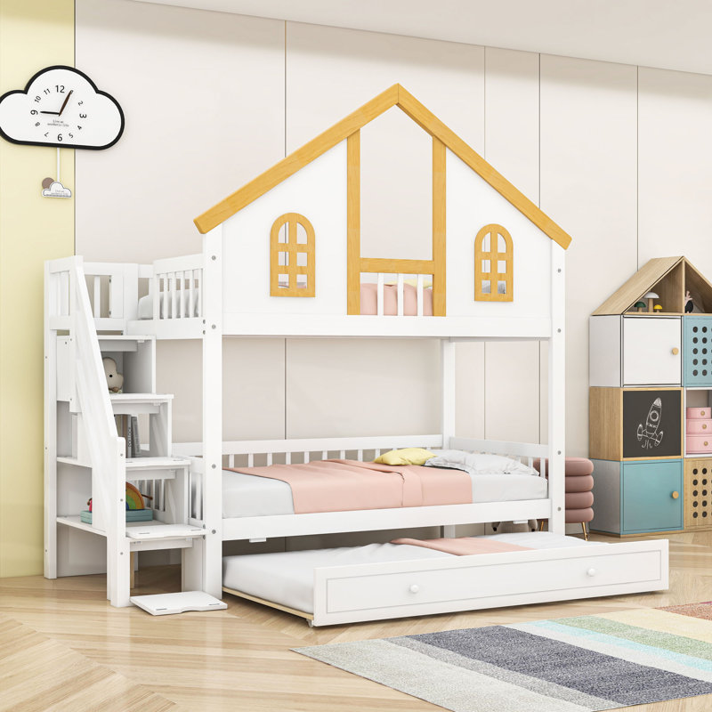 Lit superposé en bois avec toit, escalier et lit gigogne, Simple sur simple