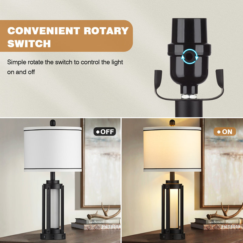 Tatyanna 25.5" Black Bedside Table Lamp Set with USB Ports and Night Light, Built-in Outlet, Black