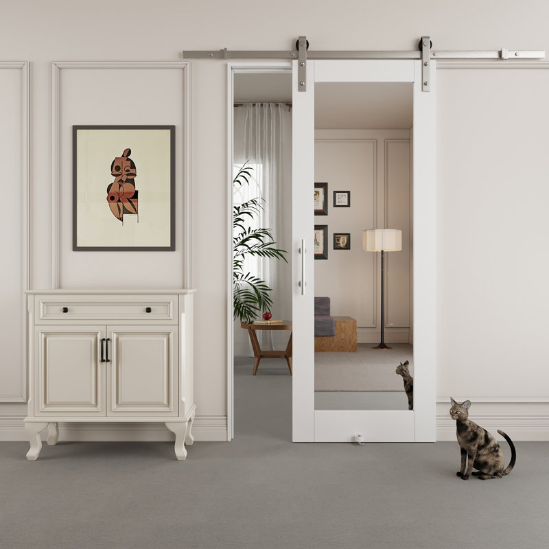 Porte de grange coulissante en bois manufacturé 80 po avec miroir en bois massif avec trousse de quincaillerie nickelée (aucun assemblage requis)