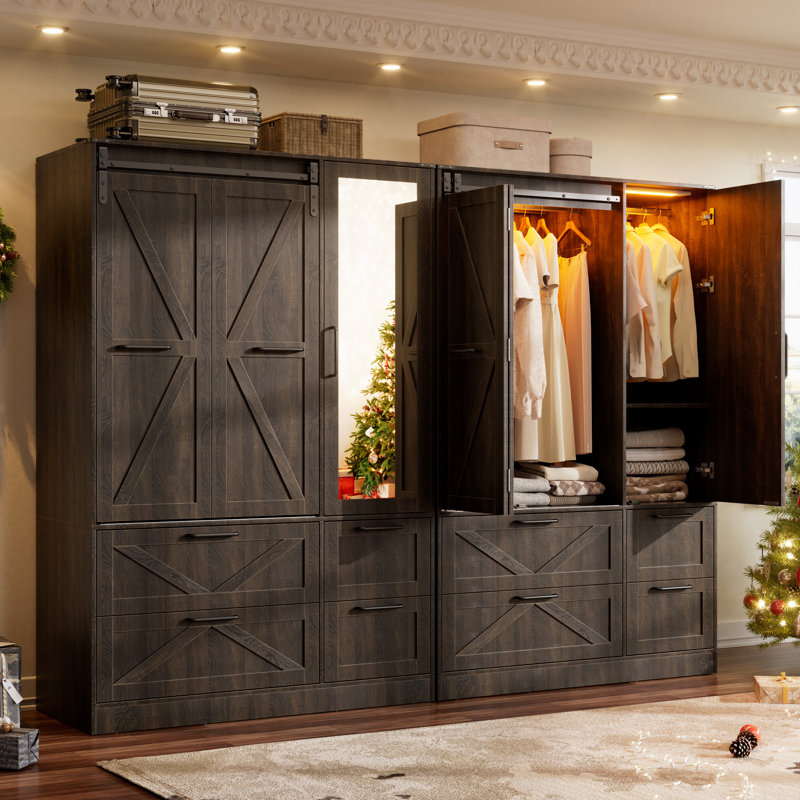 Armoire penderie avec porte de grange coulissante pliante et lumières à capteur (brun, 6 portes), 73" H x 95" W x 20" D