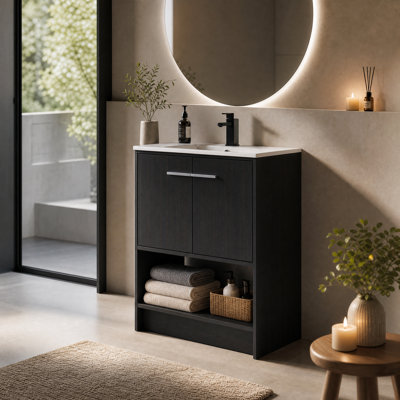 Meuble-lavabo autoportant de 30 pouces avec lavabo en céramique, 2 portes à fermeture douce, armoire de rangement en contreplaqué de chêne avec tablette ouverte pour la salle de bain, salle d'eau